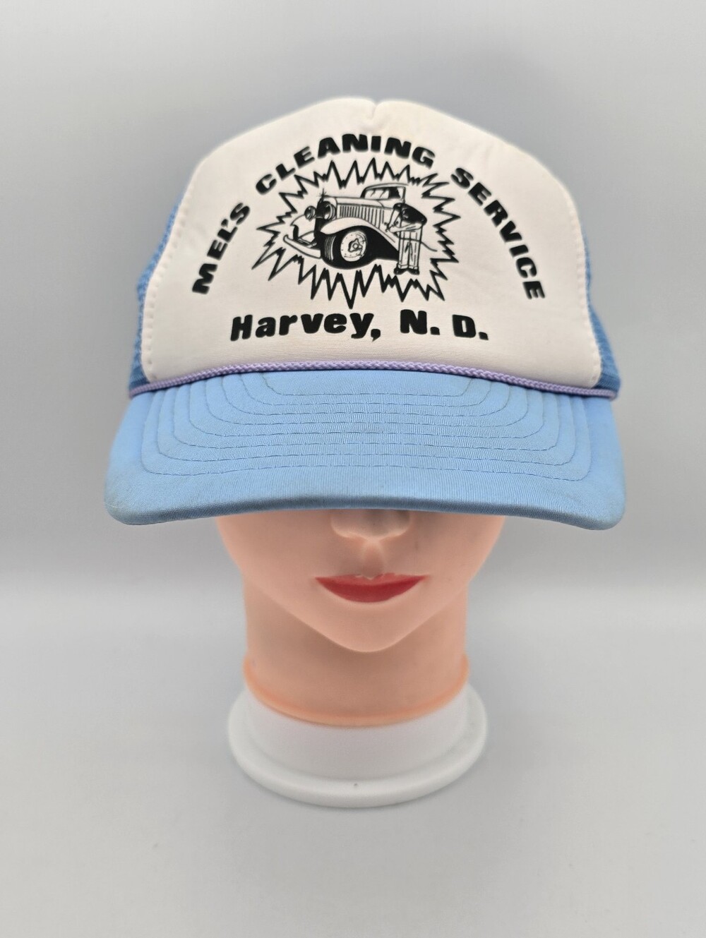 Vintage Nissin Mel's Cleaning Service Harvey North Dekota Blue/White Trucker Hat